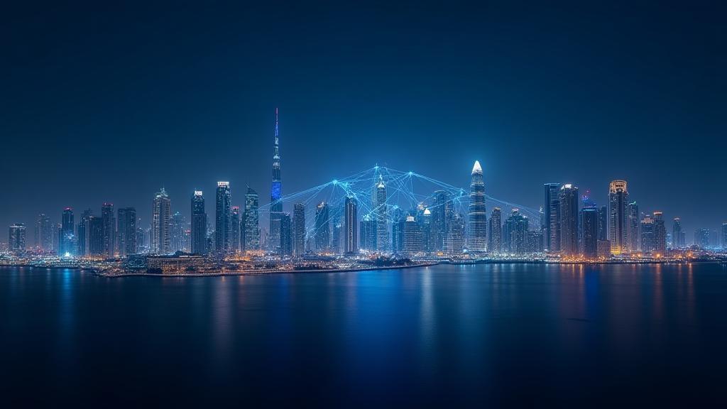 Panoramic Dubai skyline with illuminated 5G network visual overlays