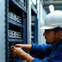 Engineer installing network infrastructure